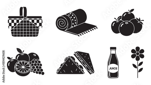 Charming set of black and white picnic-themed icons, including a checkered basket, rolled mat, fresh fruit, sandwiches, and a juice bottle
