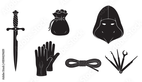Set of black silhouette icons representing a fantasy rogue or thief character class, including a dagger, money bag, mask, gloves, rope, and lockpicks