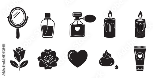 Set of minimalist black silhouette icons for beauty, spa, and romance themes, featuring a mirror, perfume bottles, candles, flowers, a heart, and cosmetic cream