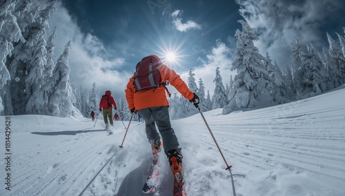 Skier Glides Down a Snowy Slope Under a Bright Sky in Winter Wonderland