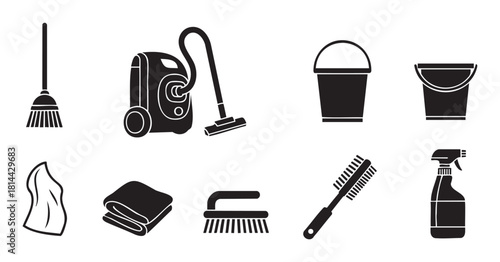 Minimalist graphic icon set of domestic cleaning equipment, featuring a broom, vacuum cleaner, bucket, cloth, brush, and spray bottle in a simple black silhouette style