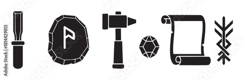 Set of black silhouette icons representing ancient Norse craftsmanship and magic, featuring a runestone, hammer, chisel, scroll, gemstone, and a magical symbol