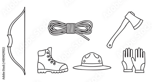 Collection of minimalist line art icons for outdoor adventure, featuring a bow, rope, axe, hiking boot, ranger hat, and gloves