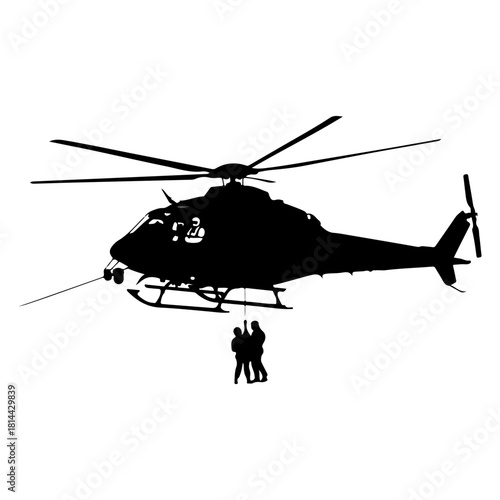 Silhouette of helicopter performing fast rope insertion with two people