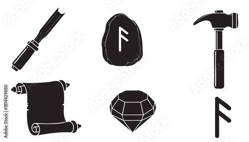 Collection of black silhouette icons representing fantasy crafting and ancient mythology, including a hammer, chisel, runestone, scroll, and gemstone
