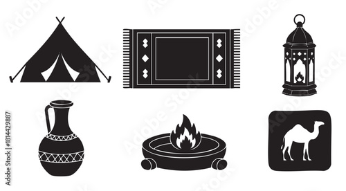 Collection of minimalist black icons representing traditional desert life, featuring a nomadic tent, patterned rug, ornate lantern, clay jug, campfire, and camel symbol