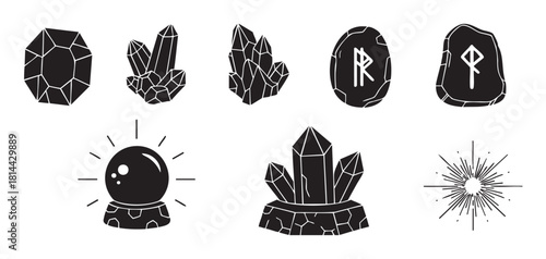 Set of minimalist black silhouette icons for esoteric practices, including magic crystals, ancient runic stones, and a fortune teller's crystal ball