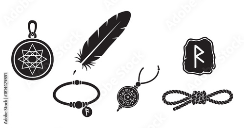 Set of black silhouette icons featuring mystical and pagan symbols like a runestone, feather, amulet, knotted rope, and magical jewelry