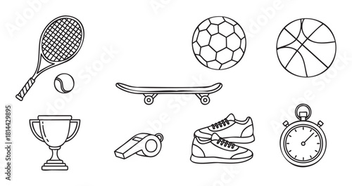 Set of hand-drawn sports and athletic activity icons in a simple black outline style, featuring a trophy, balls, skateboard, sneakers, and a stopwatch