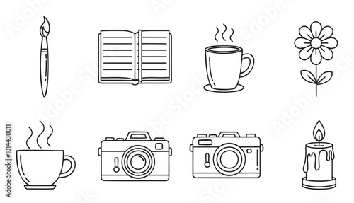 Simple black and white doodle icon set of cozy and creative hobbies, including a paintbrush, book, camera, coffee cup, flower, and candle, drawn in a clean line art style
