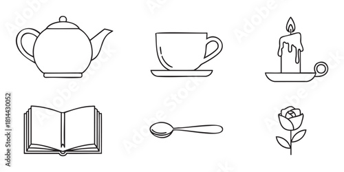 Minimalist black and white icon set featuring a teapot, cup, candle, book, spoon, and rose, illustrating a cozy and relaxing evening at home