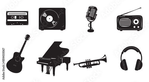 Minimalist black and white vector set of music icons, including a grand piano, acoustic guitar, trumpet, and vintage audio gear like a radio and cassette tape