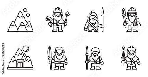 Collection of fantasy dwarf character icons in a minimalist black and white line art style, featuring warriors with spears and swords, a miner with a pickaxe, and mountain symbols
