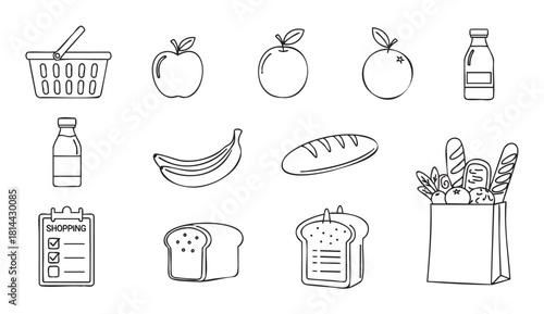 Collection of hand-drawn grocery shopping icons including fruit, bread, and a basket