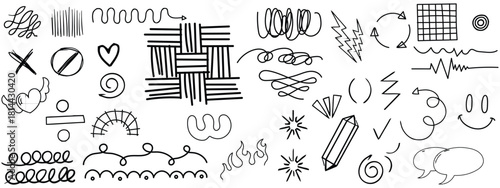 Hand drawn set elements, Abstract arrows, ribbons, hearts, stars, crowns and other elements in a hand drawn style for concept designs. Scribble illustration. Vector illustration. 