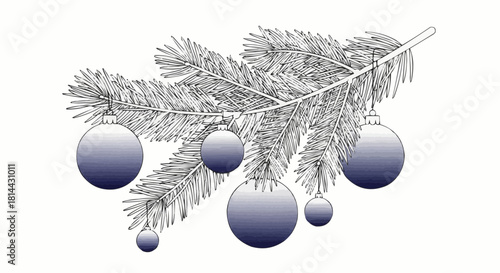 Close up of christmas tree branch with ornaments hanging from it in grayscale illustration style