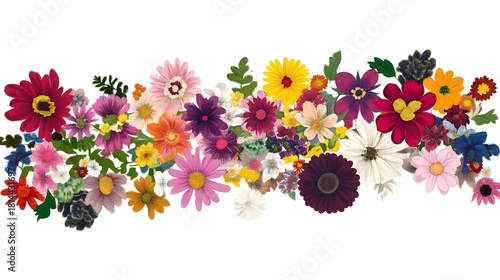 Diverse array of colorful blossoms creates a horizontal floral border element