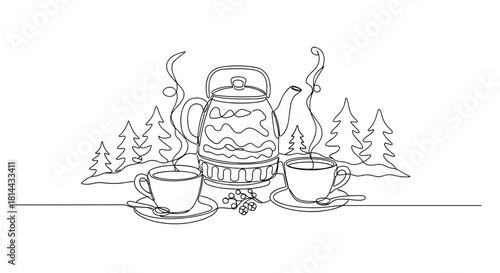 Cozy winter tea setup with kettle and cups surrounded by trees  