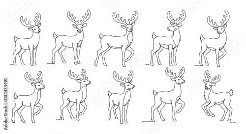 Line art of cute reindeer in various poses on white background  