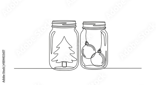 Christmas-themed mason jars with tree and ornaments in outline design  