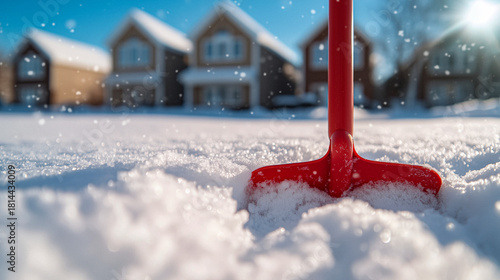 Bright red snow shovel standing upright in a deep white snowbank, set against a softly blurred residential winter background symbolic display of snow removal equipment, cold weather tools