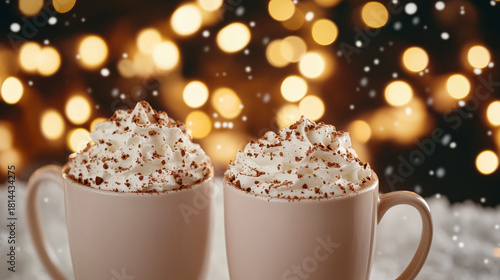 Fototapeta Naklejka Na Ścianę i Meble -  Inviting hot chocolate station display charming seasonal scene with glowing bokeh and space for text overlays