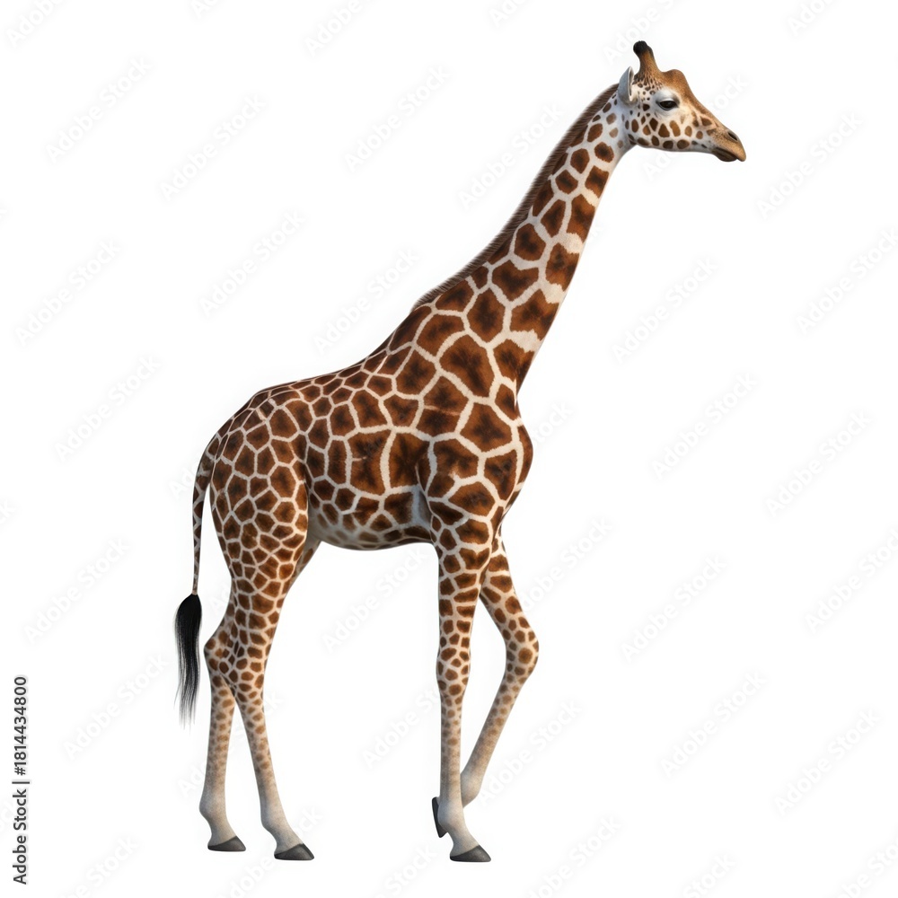 Naklejka premium A majestic giraffe with distinctive spotted coat stands tall against a stark black background showcasing its unique silhouette