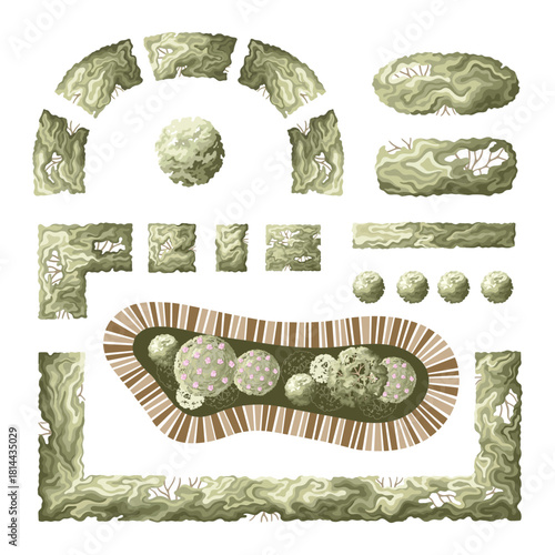 Landscape design elements: bushes, trees, shrubs, and hedges. Minimal vector illustration for urban planning, site plans, and architectural entourage.