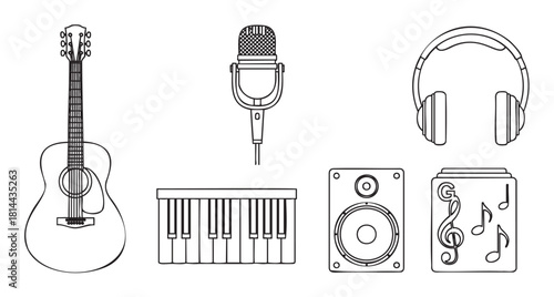 Set of musical instrument and sound equipment line art icons featuring an acoustic guitar, microphone, headphones, keyboard, speaker, and notes