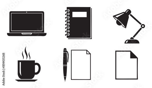 Set of six black and white office icons including a laptop, notebook, desk lamp, coffee cup, pen, and paper