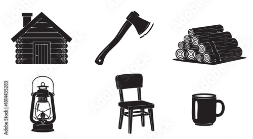 Collection of black silhouette icons representing rustic cabin life, including a log house, axe, firewood, lantern, chair, and mug