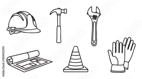 Set of construction and engineering icons including a hard hat, hammer, wrench, blueprint, traffic cone, and gloves, rendered in a clean black line art style