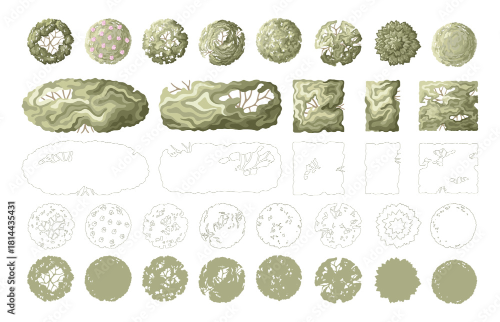 Naklejka premium Landscape design elements: bushes, trees, shrubs, and hedges. Minimal vector illustration for urban planning, site plans, and architectural entourage.
