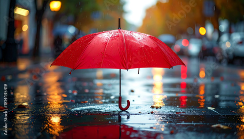 Wallpaper Mural A single red umbrella standing on wet pavement in the rain, with dramatic reflections and cinematic lighting Torontodigital.ca