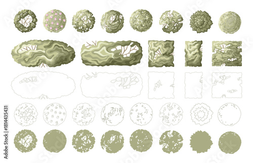 Landscape design elements: bushes, trees, shrubs, and hedges. Minimal vector illustration for urban planning, site plans, and architectural entourage.