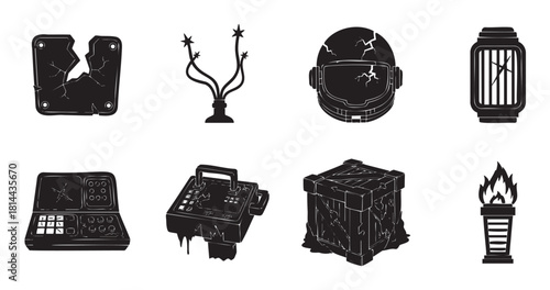 Collection of black silhouette icons representing post-apocalyptic survival and damaged technology, including a cracked helmet, broken electronics, and a flaming torch