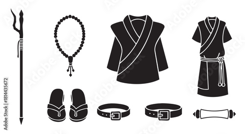 Collection of black silhouette icons representing fantasy or historical character equipment, including a robe, staff, prayer beads, and sandals