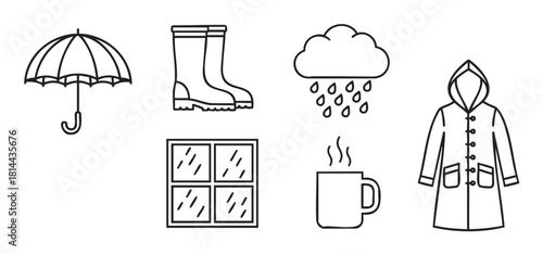 Collection of minimalist black and white line art icons representing a cozy rainy day, including an umbrella, raincoat, boots, hot drink, and a window with raindrops