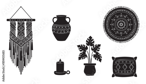 Minimalist vector icon set of trendy bohemian home decor objects, including macrame, a patterned rug, a potted plant, a vase, a candle, and a cushion, in black silhouette