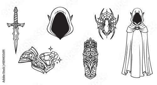Set of fantasy role-playing game icons in a black and white line art style, featuring a magic sword, mysterious hooded elf, spider emblem, and enchanted treasure chest