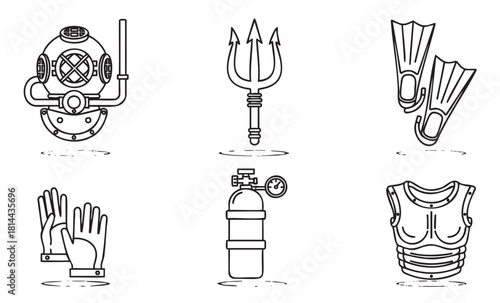 Set of black and white line art icons featuring vintage and modern diving equipment, a mythological trident, and ancient armor