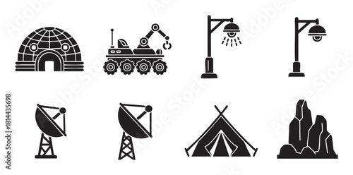 Diverse set of black silhouette icons , featuring a space rover, dome habitat, satellite dish, camping tent, lamppost, and rock formation for various concepts