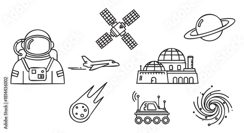Collection of hand-drawn black line art icons on a space exploration theme, featuring an astronaut, satellite, planet, rover, and galaxy in a minimalist doodle style