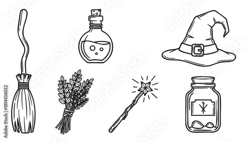 Set of black and white line art icons featuring magical witchcraft elements like a witch hat, broomstick, potion bottle, magic wand, and herbs