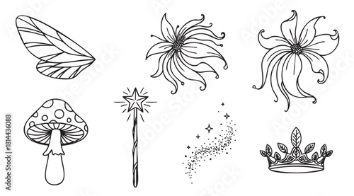Collection of hand-drawn fairy tale elements in black and white line art, including a wing, magic wand, crown, mushroom, and flowers