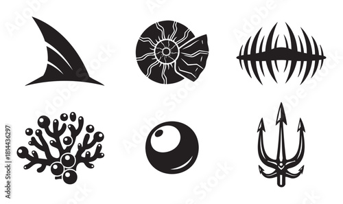 Collection of marine and mythological symbols in a bold black silhouette design, featuring a trident, fossil, shark fin, coral, pearl, and fish skeleton