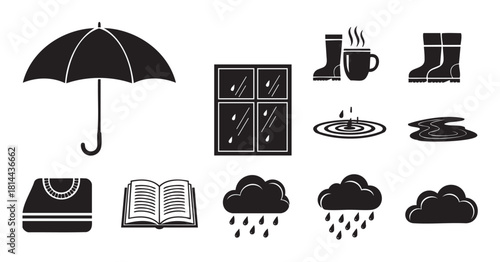 Set of minimalist black silhouette icons for rainy weather and cozy autumn season activities, featuring an umbrella, puddle, warm drink, and book