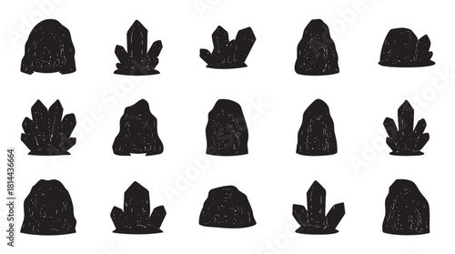 Set of monochrome crystal and rock silhouettes with a distressed texture, featuring various mineral and gemstone shapes in a simple, hand-drawn illustration style