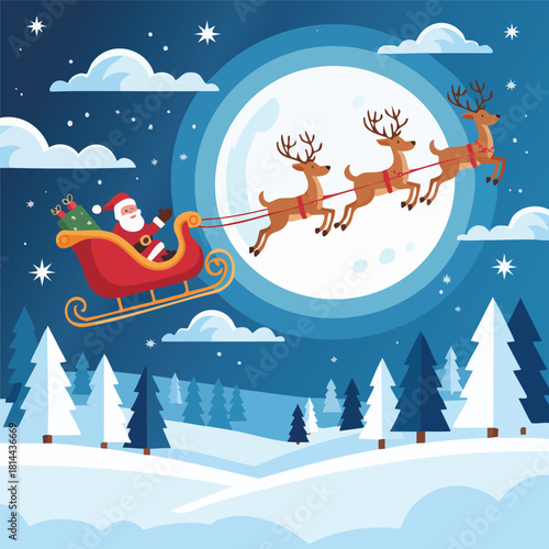 Santa Claus rides his sleigh with reindeer across a full moon over a snowy forest at night