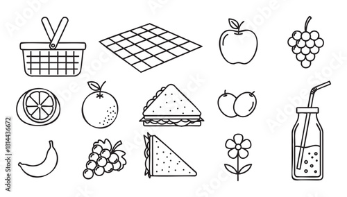 Set of minimalist black and white line art icons depicting various picnic items like a basket, blanket, fresh fruit, sandwiches, and a drink